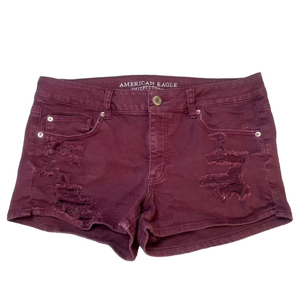 American Eagle Distressed Maroon Denim Jean Shorts Size 14